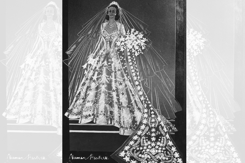 THE STORY OF: Queen Elizabeth II's Wedding Dress - sketch of Princess Elizabeth's wedding dress by Norman Hartnell